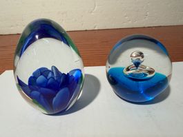 Glass Paperweights set of 2 blue flower and water bubble