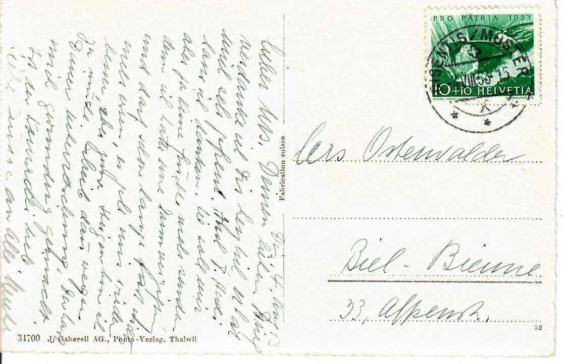 Ansichtskarten: Golzernalp 1953 – Gebraucht aus Hochdorf von Ziegel-16 1