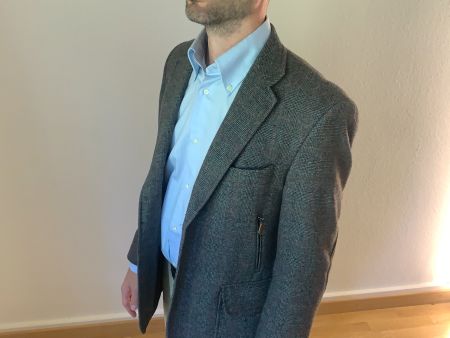 Wollsakko 46, Glencheck grau, Wildleder-Ellbogenflicken