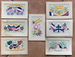 WWI - 7 cartes brodées alliés France-Anglo-Saxons - Souvenir