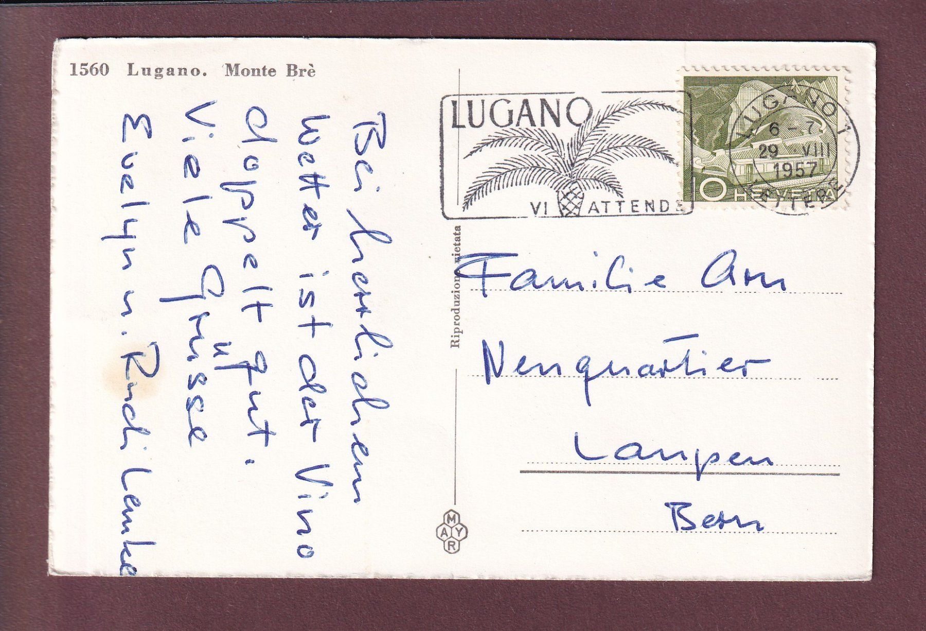 Ansichtskarten: LUGANO - Monte Brè - 1957 – Gebraucht aus Pully von nicecards 1