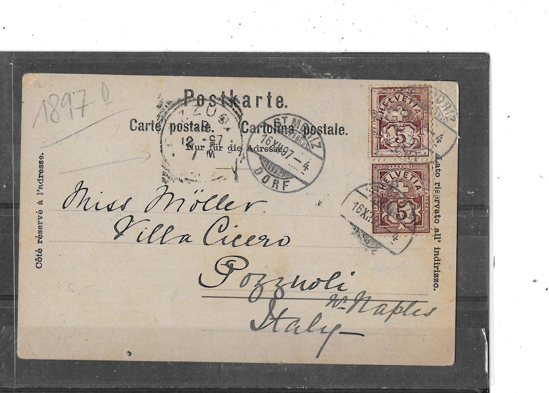 Cartoline postali: GR St.Moritz 1897 – Usato da Schocherswil venduto da Wilare 1