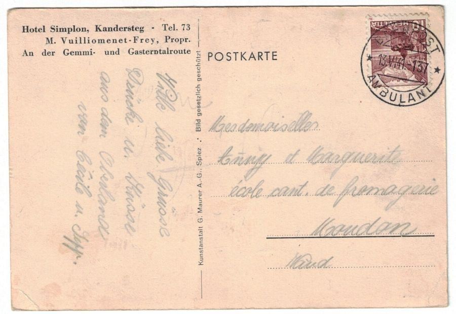Cartoline postali: Kandersteg, Hotel Simplon, gelaufen 1941 – Usato da Frauenfeld venduto da POML 1
