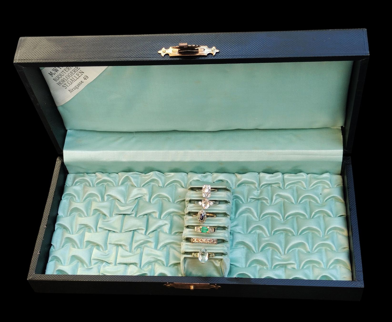 Portagioie: Antike Ringbox Schmuckbox Koffer Schwarz mit Türkis Seide – Usato da schwyz venduto da larry91sz 4