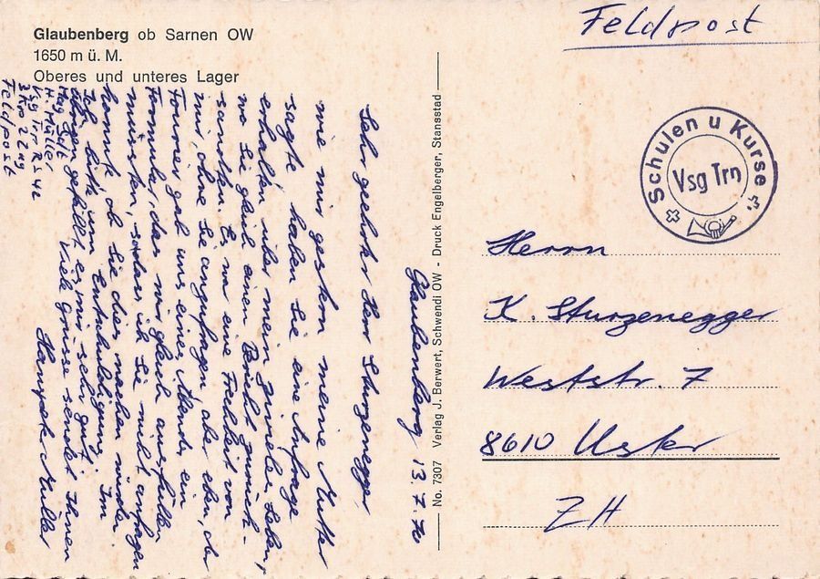 Cartoline postali: Glaubenberg ob Sarnen OW, Feldpost 1970 VSG TRP – Usato da Frauenfeld venduto da POML 1