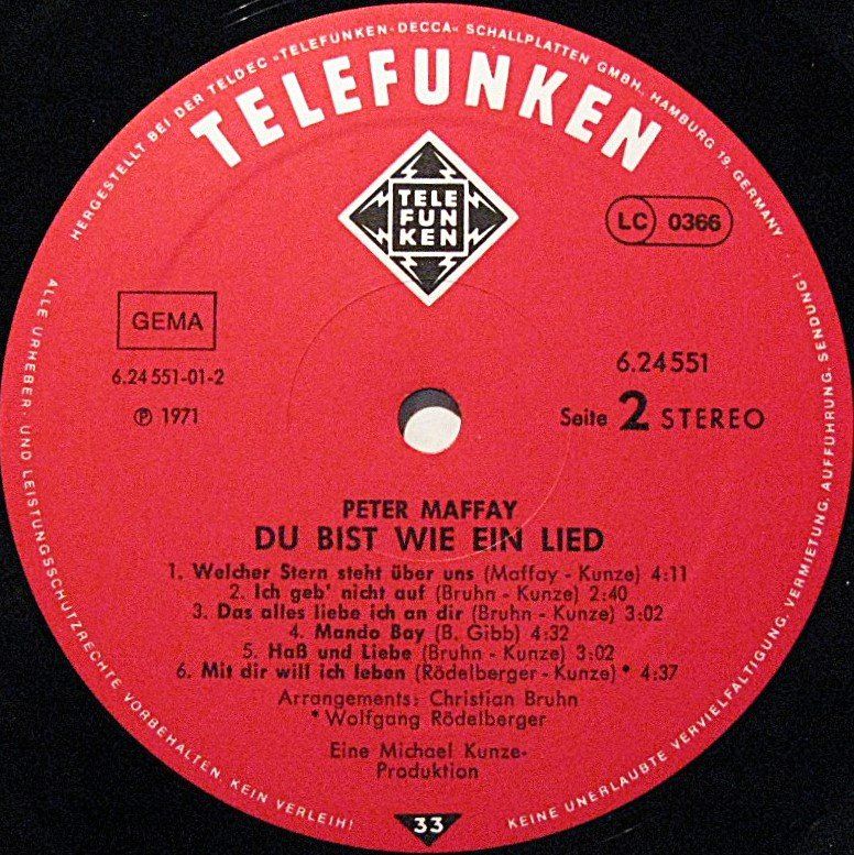 Dischi in vinile: PETER MAFFAY "Du Bist Wie Ein Lied"           LP IN VG++/EX – Usato da Monthey venduto da Pingmub 4