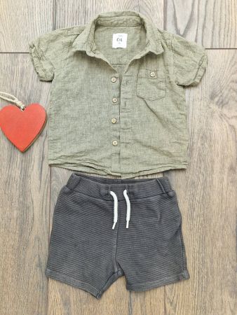 2er Set C&A Leinenhemd/Shorts Gr 86 grün-grau top Zustand!