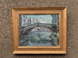 Interessantes und einzigartiges Ölgemälde, Brücke über Fluss