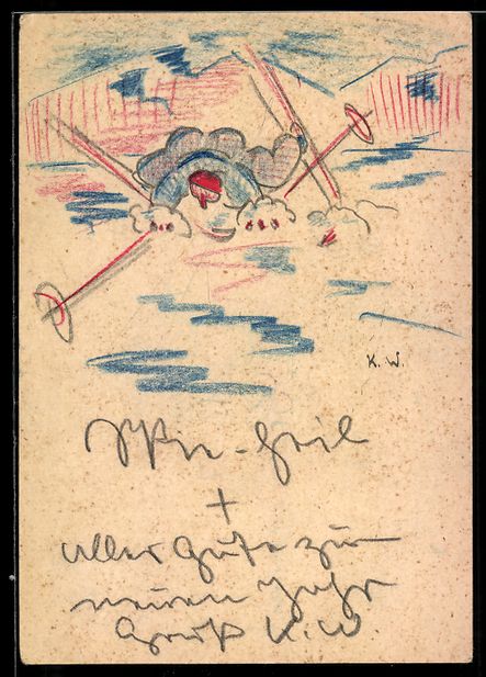 Cartoline postali: Handgemalt: Skifahrer nach leichtem Skiu – Usato da Berlin venduto da bartko-reher