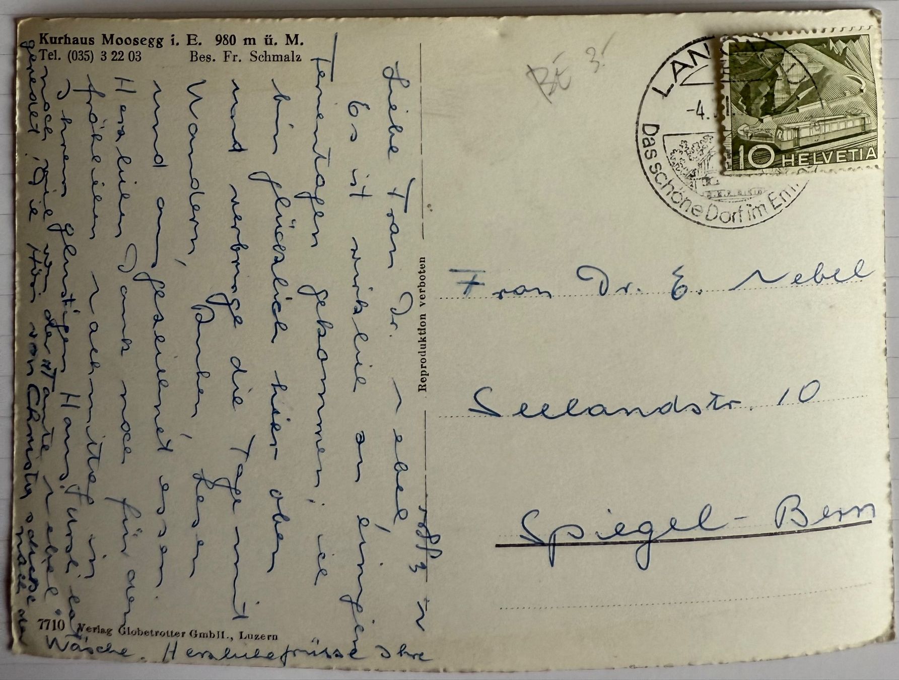 Ansichtskarten: LAUGNAU - MOOSEGG - Kurhaus 1950 – Gebraucht aus Lutry von Ediego 1