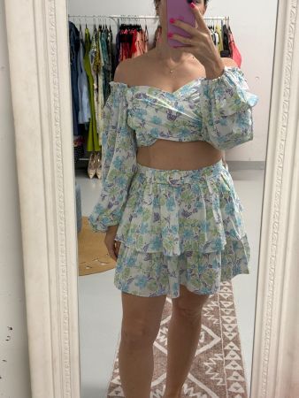 Sommer Set mit Blumenmuster Gr. M weiss blau Minirock Strand