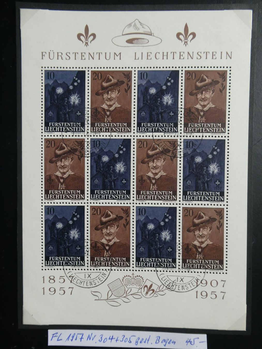 Tutti i francobolli: FL 1957 Nr. 304+305 gestempelter Bogen – Usato da Lausen venduto da Herbamare01