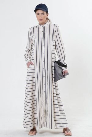 Maxi -Leinenkleid mit blauen Streifen - Handmade