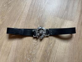 Ceinture vintage cuir noir ajustable fer à cheval argenté 