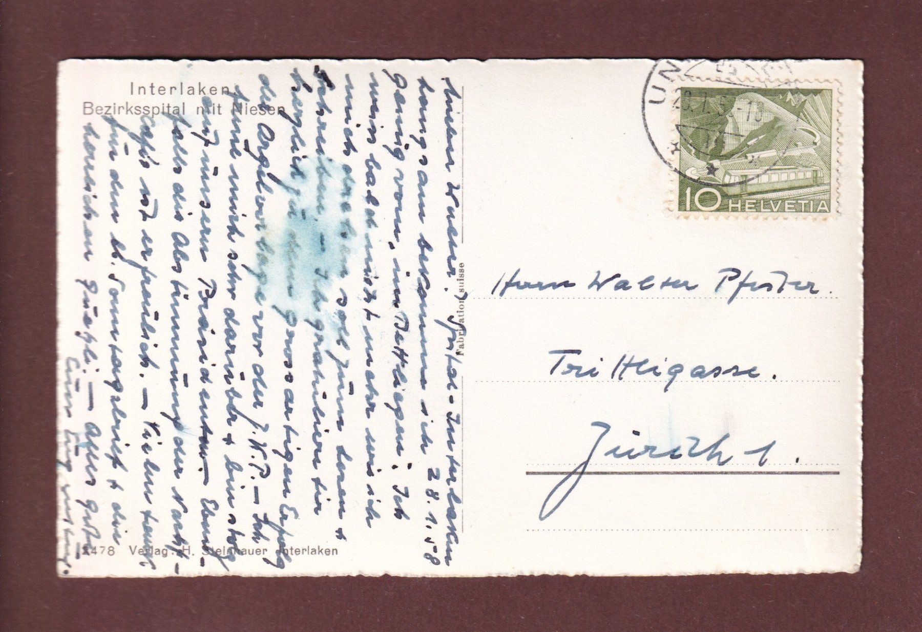 Cartoline postali: INTERLAKEN - Bezirksspital - 1958 – Usato da Pully venduto da nicecards-shop 1