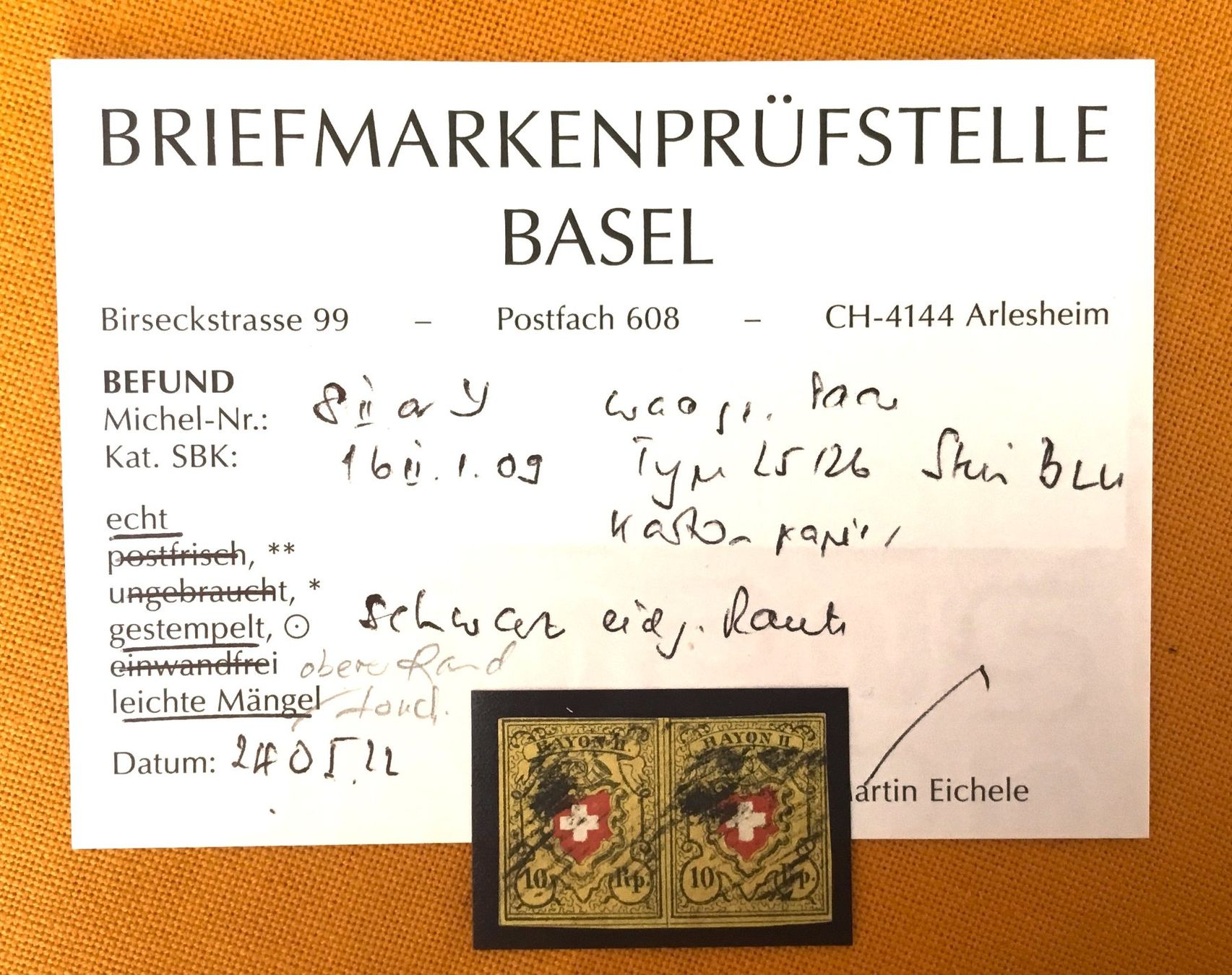 Tutti i francobolli: Rayon-Pärli, Stein B, KARTONPAPIER (!) - - vgl. BPB-Befund – Usato da Belp venduto da Dschopp 1