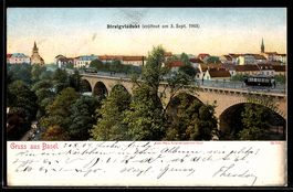 AK Basel, Birsigviadukt mit Stadtpanorama, Strassenbahnen, E
