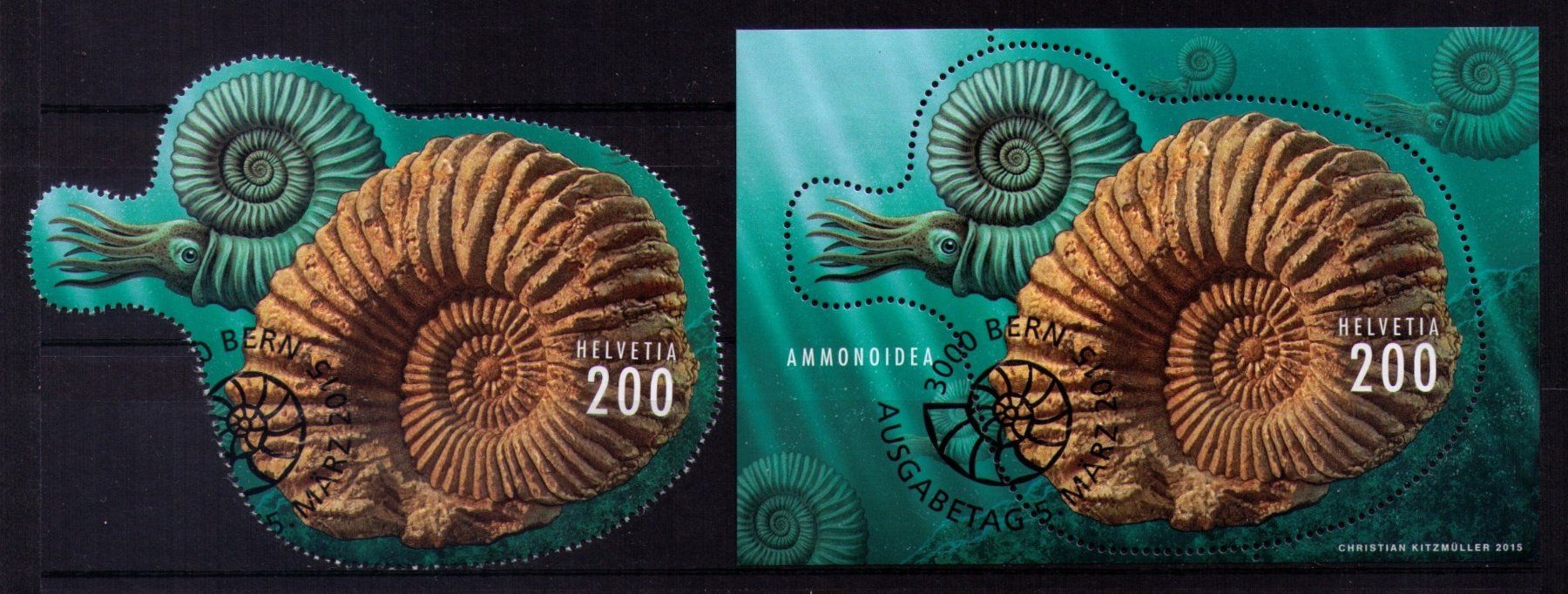 Tutti i francobolli: 2015_1543 AMMONIT-BLOCK & AUSSCHNITT_Set ERSTTAG ! – Usato da Marthalen venduto da Ch_quality