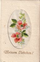 Gruesskarte mit Stickerei, Blumen, Fruehling, Liebe ca. 1910