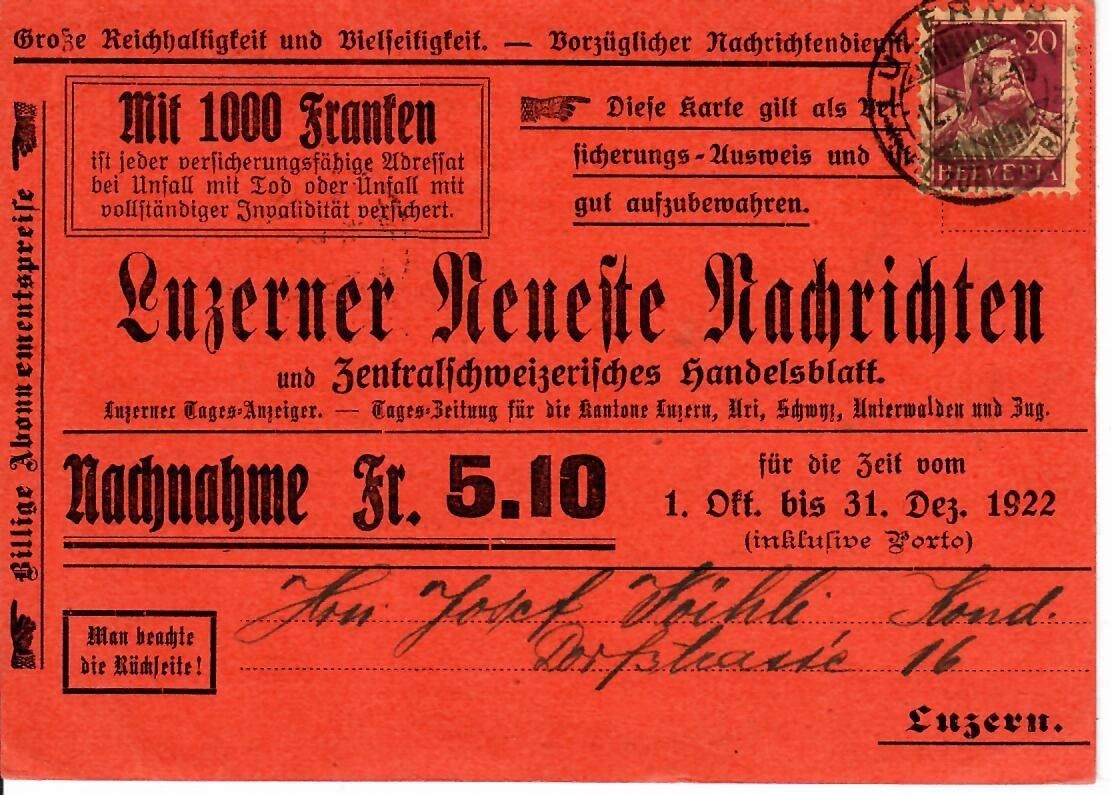 Tutti i francobolli: PK, Luzerner Neueste Nachrichten 1922 – Usato da Hochdorf venduto da Ziegel-16