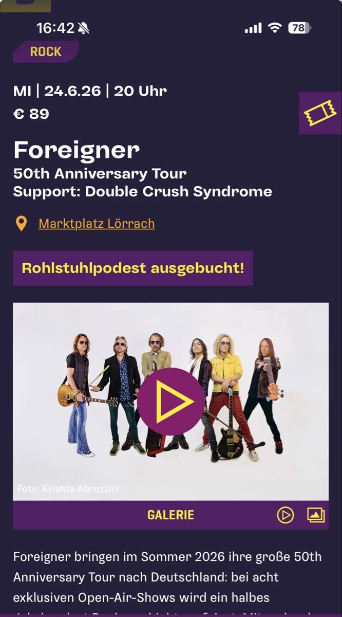 Tickets: StehplatzTicket Foreigner Stimmen Lörrach 24.6.2026 – Neu und originalverpackt aus Kaisten von Enjoy1976