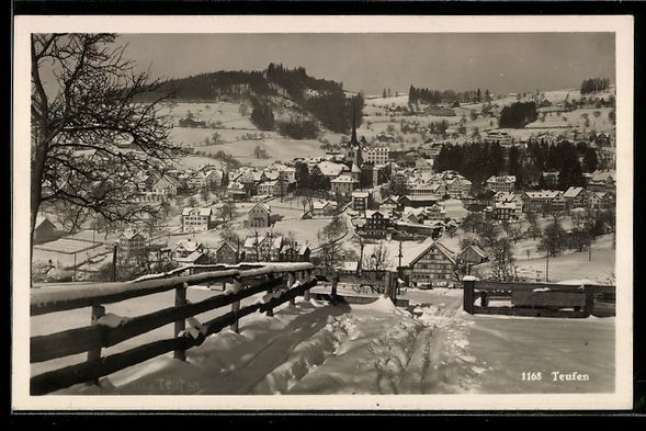 Cartoline postali: Teufen, Ortsansicht im Schnee mit Kirche – Usato da Berlin venduto da bartko-reher