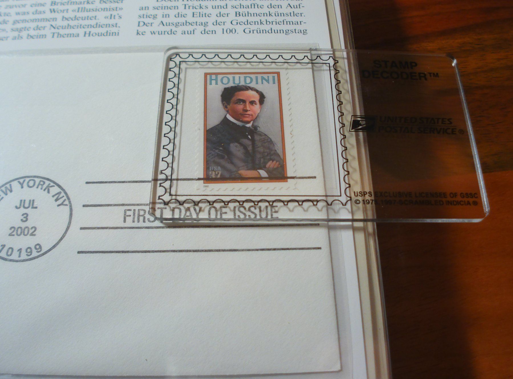 Alle Briefmarken: USA FDC 2002, Houdini in Ketten, Mit Stamp Decoder – Gebraucht aus Niederwil AG von morostahu 2