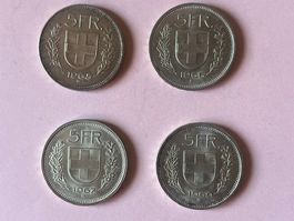 4 pièces 5 Francs Suisse 1965 1966 1967 1969