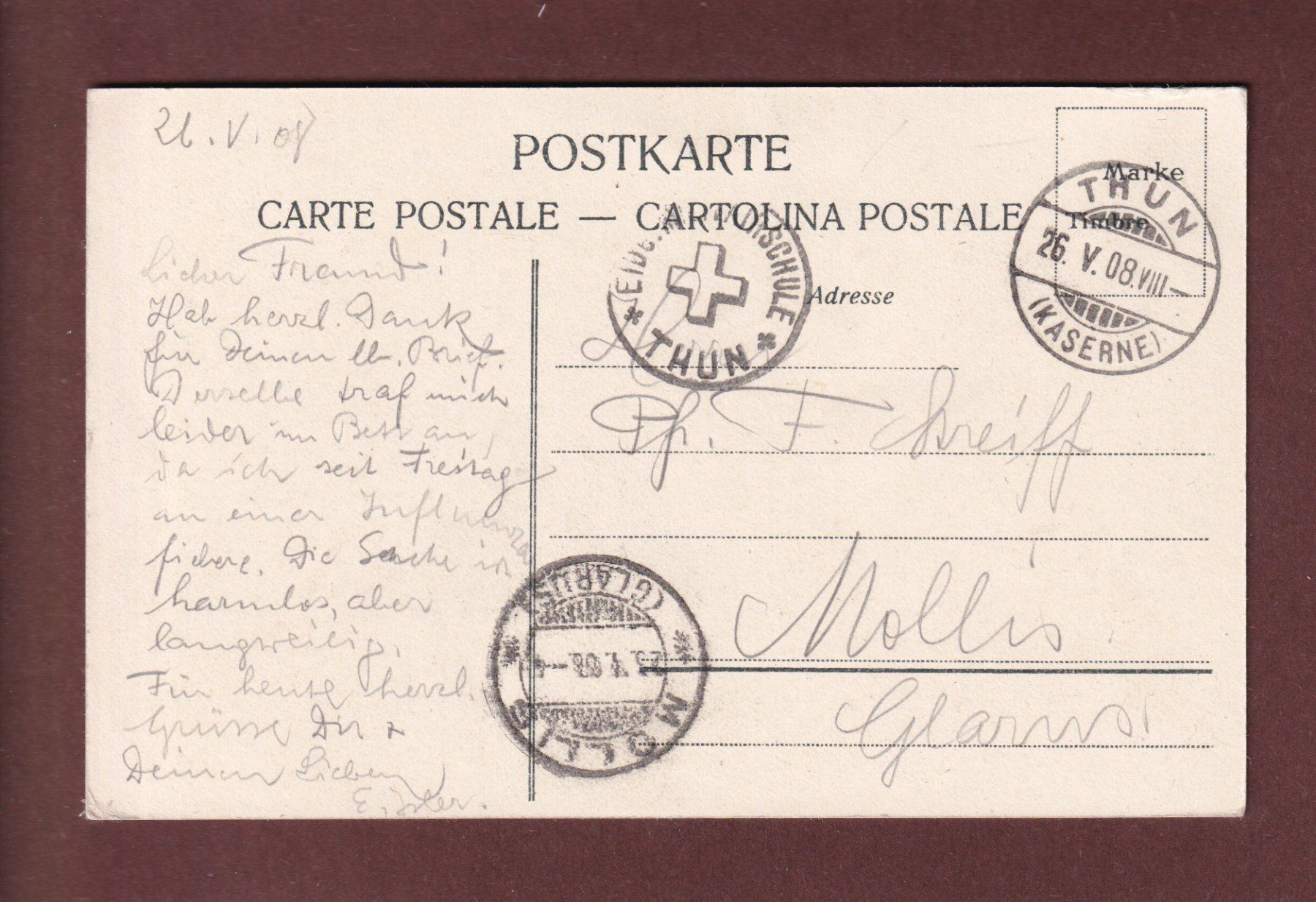 Ansichtskarten: THUN - Kaserne - Hauptportal - 1908 Feldpost – Gebraucht aus Pully von nicecards 1
