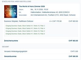 4 Business Sitzplätze Hans Zimmer Zürich am Montag 16.11.26
