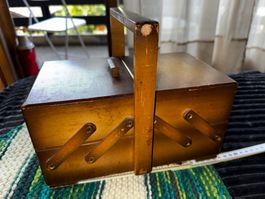 Boîte à couture bois pliante ancienne 2 étages
