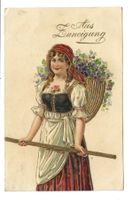 Aus Zuneigung - Mädchen - Tracht Tragekorb  Präge-Litho 1908