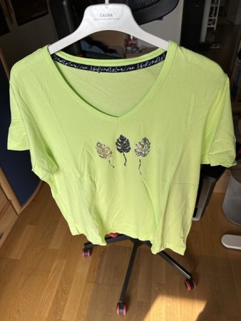 Damen T-Shirt Grösse M V-Ausschnitt mit Blattmotiv Neongrün