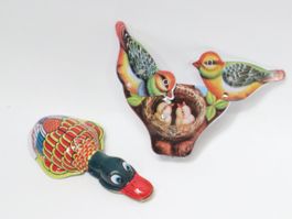 2x Blech Knackfrosch Ente + Vogel Nest