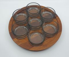 Mid Century Apero oder Saucenplatte Teak mit 7 Glasschalen
