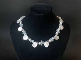 Keshi Perlenkette mit Aquamarin & Bergkristall - Silber