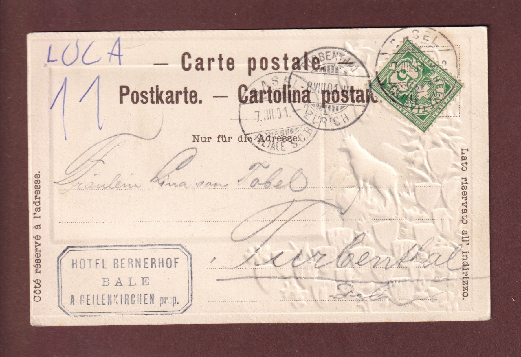 Cartoline postali: BASEL - Bibliothek - Kantone - 1901 Präge – Usato da Pully venduto da nicecards 1