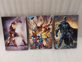 Set of 3 Marvel and DC Superhero prints on wood