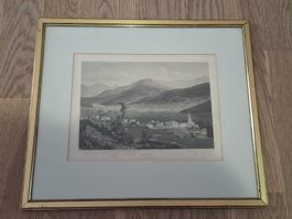Originaler alter Stich von Davos, um ca. 1865, . 38 x 33 cm