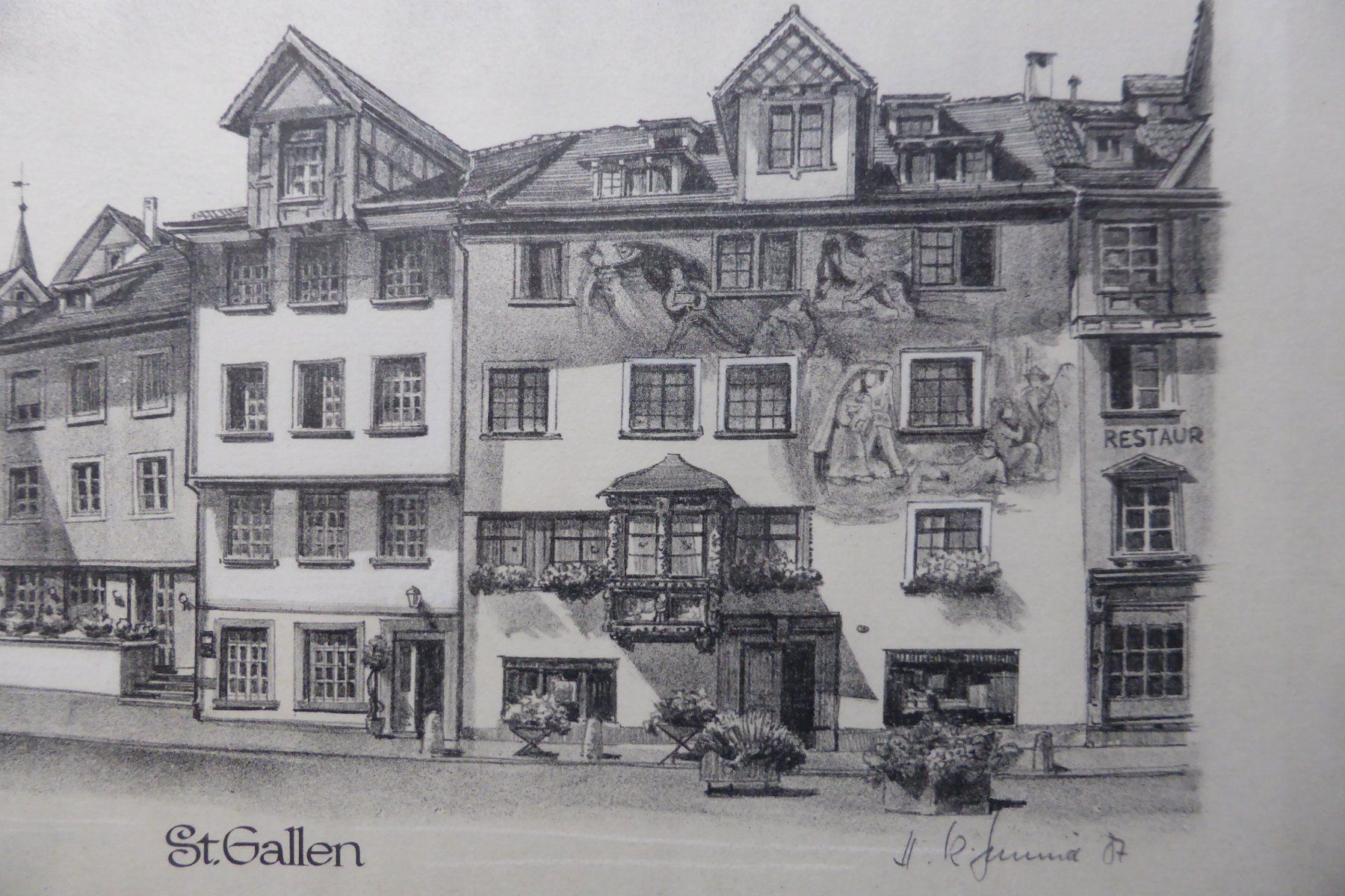Grafiken & Lithographien: H.R. Schmid - Originallitho Gallusplatz St.Gallen sig. + num – Neu (gemäss Beschreibung) aus Brunnadern von lavendel 2