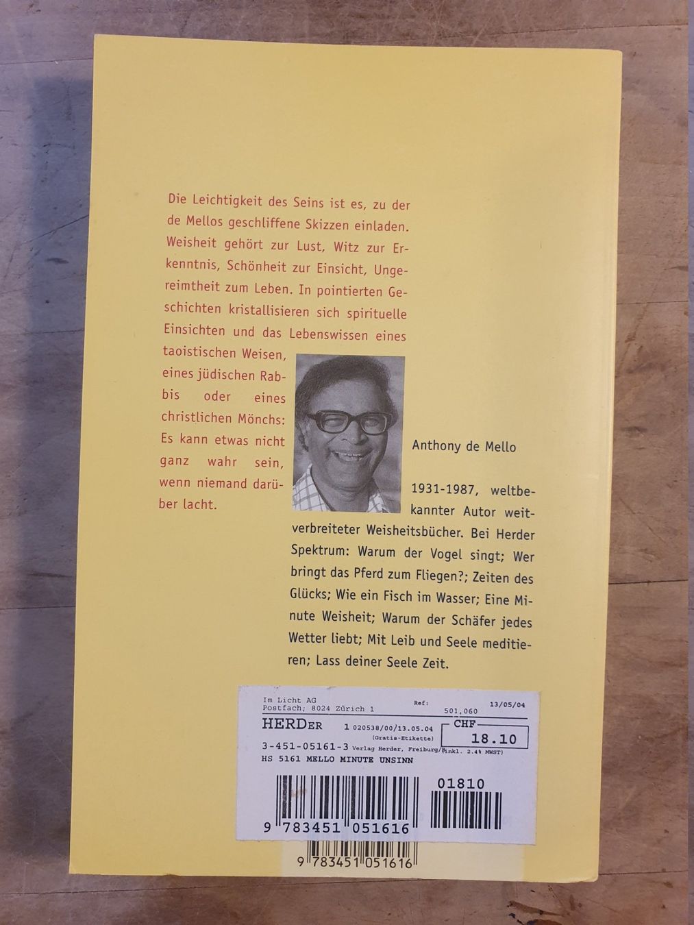 Libri: Eine Minute Unsinn Anthony de Mello Herder – Usato da Zürich venduto da loosebone 1