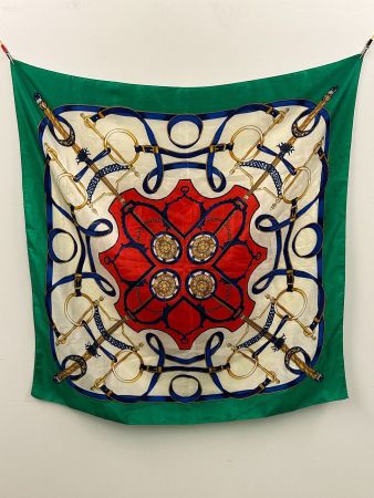 Vintage Foulard Reitsport Pferde Grün Rot Blau ca. 90 cm