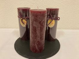 Kerzen - Set Bordeaux-rot,3 Stk, Raureif, je ca. 6,8 x 18 cm