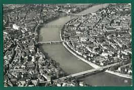 Basel, vier Rheinbrücken, Flugaufnahme, gelaufen, ca. 1962