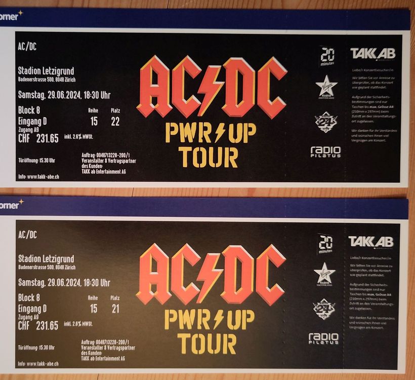 2 Sitzplatz-Tickets AC/DC-Konzert, Zürich, 29.06.2024 (Neu und ...