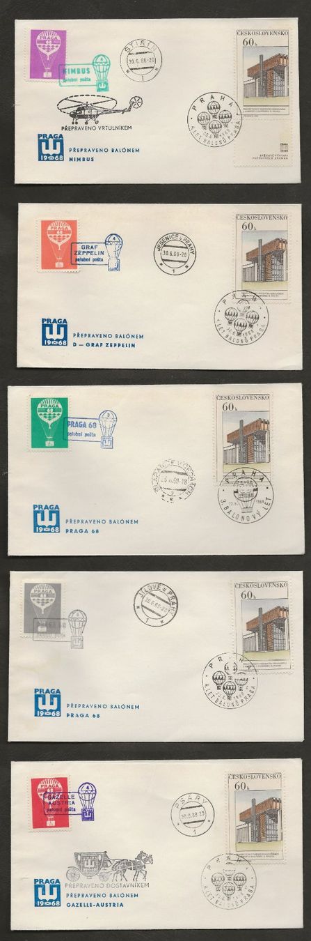 Tutti i francobolli: Ballon 5 Belege 1968 Tschechoslowakei Prag Luftpost – Usato da Au ZH venduto da xelagreb01