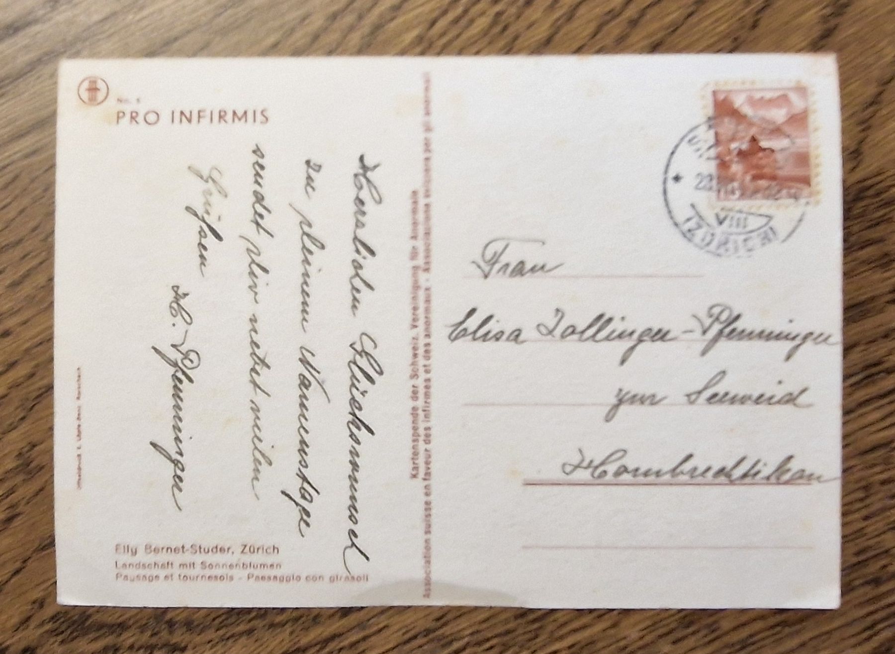 Cartoline postali: Pro Infirmis, Lanschaft Sonnenblumen, E. Bernet-Studer 1942 – Usato da Ebikon venduto da Donar50 1