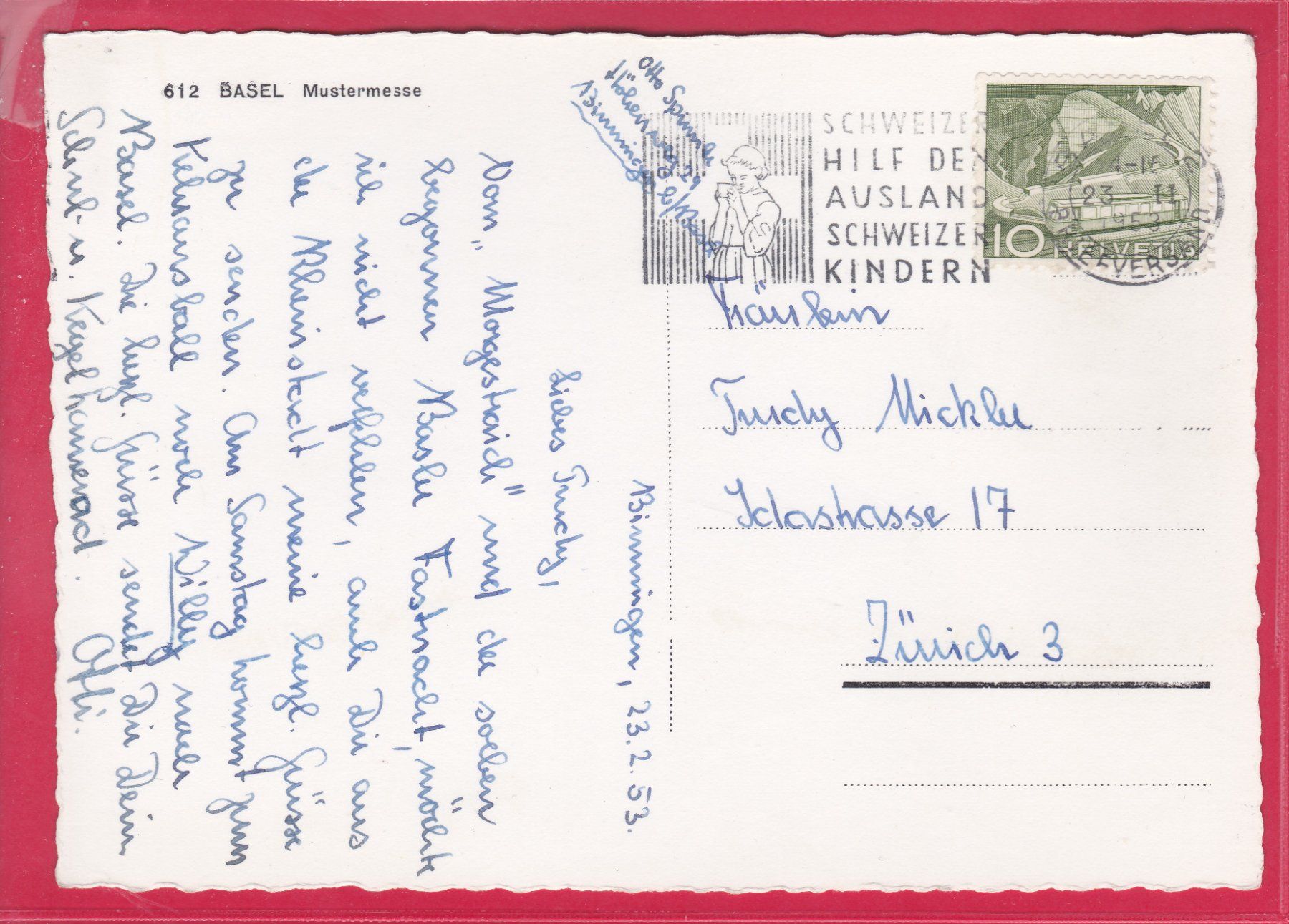 Cartoline postali: BASEL, MUSTERMESSE, 23.2.1953 – Usato da Oberrieden venduto da Gebirgsstelze 1