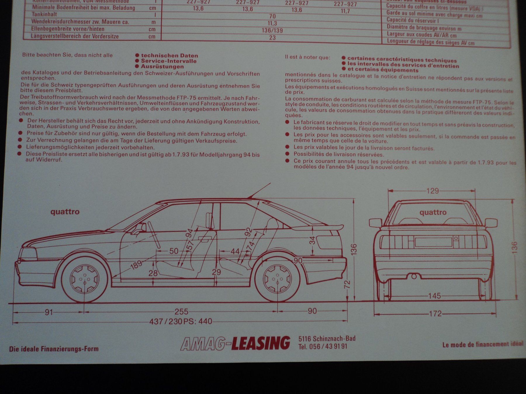 Audi Dokumente: Prospekt Preisliste Audi Coupé quattro 1993 – Gebraucht aus Schwarzenburg von modelCARama
