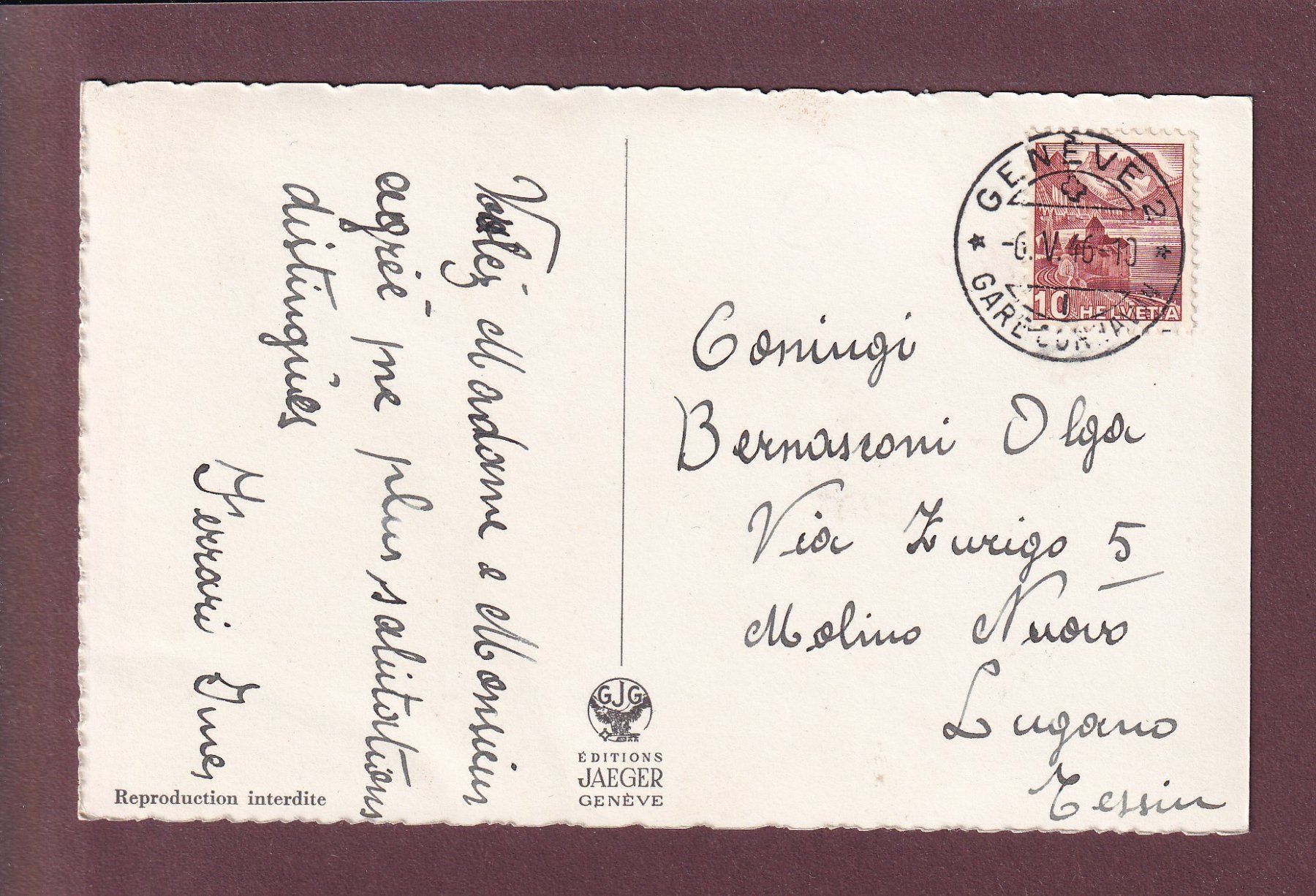 Cartoline postali: GENEVE - Gare et Hôtel Cornavin - 1946 – Usato da Pully venduto da nicecards 1